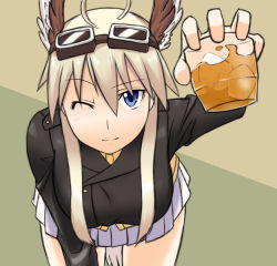 Rule 34 | 00s, 1girl, alcohol, animal ears, blonde hair, blue eyes, goggles, hanna-justina marseille, head wings, naageru, one eye closed, skirt, smile, solo, strike witches, uniform, whiskey, wings, wink, witches of africa, world witches series