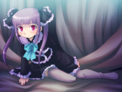 Rule 34 | 1girl, blush, bones (company), character request, child, darker than black, feet, gothic lolita, her step 1.0, highres, lolita fashion, long hair, lying, no shoes, pink eyes, purple hair, ribbon, sitting, smile, solo, thighhighs, twintails, yoshi (crossmind)