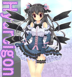 Rule 34 | 1girl, black hair, blush, clothes lift, creatures (company), detached sleeves, detached wings, elbow gloves, game freak, gen 5 pokemon, gloves, highres, hydreigon, lolita fashion, long hair, multiple wings, nintendo, personification, pokemon, red eyes, skirt, skirt lift, smile, solo, thigh strap, toni (artist), wings