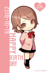 1girl akahoc arms_behind_back black_skirt black_socks brown_eyes brown_footwear brown_hair cardigan chibi chibi_only closed_mouth collared_shirt commentary dated earrings eyebrows_hidden_by_hair full_body happy_birthday highres jewelry kneehighs looking_at_viewer neck_ribbon outline persona persona_3 pink_cardigan pink_outline pleated_skirt red_ribbon ribbon shirt short_hair single_earring skirt smile socks solo standing takeba_yukari two-tone_background