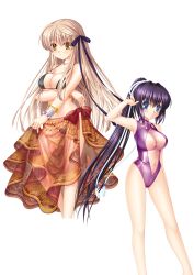 Rule 34 | 2girls, absurdres, bikini, black bikini, black ribbon, blonde hair, blue eyes, bracelet, breasts, casual one-piece swimsuit, cleavage, collarbone, cropped legs, hair between eyes, hair ribbon, high ponytail, highres, hinoue itaru, jewelry, konohana lucia, large breasts, long hair, looking at viewer, multiple girls, navel, necklace, official art, one-piece swimsuit, purple hair, purple one-piece swimsuit, rewrite, ribbon, sarong, see-through, senri akane, simple background, swimsuit, underboob, very long hair, white background, white ribbon, yellow eyes