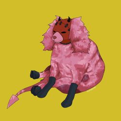 Rule 34 | 1other, black horns, cheemsburger (doge), demon horns, demon tail, dorohedoro, floppy ears, highres, horns, kikurage (dorohedoro), pink fur, scribbora, shiba inu, sitting, smug, tail, yellow background
