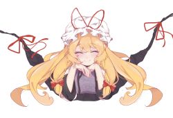 Rule 34 | 1girl, absurdres, blonde hair, blush, bow, chinese commentary, chujing, closed eyes, closed mouth, commentary request, dot nose, dress, facing viewer, fingernails, gap (touhou), hair bow, hat, hat ribbon, head rest, highres, long hair, mob cap, purple tabard, red bow, red ribbon, ribbon, simple background, smile, solo, tabard, touhou, upper body, very long hair, white background, white dress, white hat, yakumo yukari