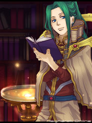 Rule 34 | 1boy, blue eyes, book, bookshelf, brown cape, brown shirt, cape, closed mouth, commentary request, copyright name, cowboy shot, earrings, green hair, holding, holding book, indoors, jewelry, koshou (maayan), letterboxed, long hair, long sleeves, looking at viewer, male focus, parted bangs, ponytail, ragnarok online, sage (ragnarok online), shirt, smile, solo, striped cape, stud earrings, waist cape