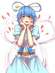 Rule 34 | 1girl, :d, aqua dress, asaigai suzushi, belt, blue eyes, blue hair, blush, commentary request, cowboy shot, dress, flower, hagoromo, hair ornament, hair rings, hair stick, hands on own cheeks, hands on own face, heart, kaku seiga, looking at viewer, open mouth, puffy short sleeves, puffy sleeves, shawl, short hair, short sleeves, simple background, smile, solo, teeth, touhou, upper teeth only, vest, white background, white vest