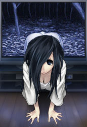 Rule 34 | 1girl, :o, ajino (sakanahen), all fours, black eyes, black hair, breasts, cleavage, commentary request, downblouse, hair over one eye, long hair, looking at viewer, open mouth, solo, television, the ring, through medium, through screen, well, wooden floor, yamamura sadako