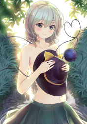 Rule 34 | 1girl, backlighting, bare arms, bare shoulders, blush, closed mouth, collarbone, commentary request, covering privates, covering breasts, culter, green eyes, green skirt, grey hair, hat, hat ribbon, unworn headwear, heart, heart of string, highres, komeiji koishi, looking at viewer, navel, outdoors, partial commentary, pleated skirt, ribbon, short hair, sidelocks, skirt, smile, solo, standing, stomach, third eye, topless, touhou, yellow ribbon