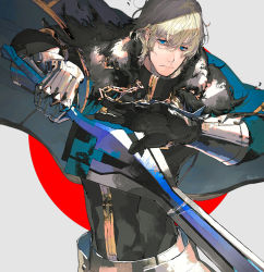 Rule 34 | 1boy, armor, artist name, black gloves, blonde hair, blue cape, blue eyes, cape, collared cape, excalibur galatine (fate), fate/extra, fate/grand order, fate (series), fur collar, gauntlets, gawain (fate), gloves, holding, holding sword, holding weapon, knight, knights of the round table (fate), long sleeves, looking at viewer, male focus, savemenu, short hair, solo, sword, upper body, weapon