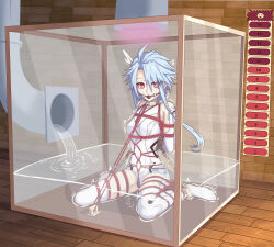 Rule 34 | 1girl, absurdres, ahoge, arms behind back, ball gag, bdsm, blue hair, blush, bondage, bone ko, bound, bound arms, bound legs, box, breasts, chain, chained, collar, commission, elbow gloves, full body, gag, gloves, highres, in box, in container, leotard, medium hair, neptune (series), no shoes, peril, red eyes, restrained, rope, second-party source, sex toy, shibari, shibari over clothes, short hair with long locks, sitting, skindentation, small breasts, solo, thighhighs, wariza, water, white gloves, white heart (neptunia), white leotard, white thighhighs, wiffle gag