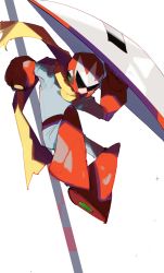 Rule 34 | 1boy, arm cannon, arm up, belt, bodysuit, boots, chikichi, closed mouth, gloves, grey bodysuit, hand up, helmet, highres, holding, holding shield, jumping, knee boots, male focus, mega man (classic), mega man (series), mega man 3, proto man, red footwear, red gloves, red headwear, scarf, shield, simple background, sketch, solo, weapon, white background, yellow scarf