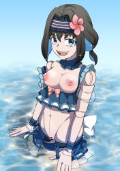 Rule 34 | 1girl, bar censor, bikini, black hair, blue eyes, blue hair, breasts, breasts out, censored, colored inner hair, doll joints, eyeshadow, flower, frilled bikini, frills, garie tuman, hair flower, hair ornament, hairband, highres, joints, looking at viewer, makeup, medium breasts, multicolored hair, nannyou dojin, navel, nipples, open mouth, pale skin, partially submerged, pussy, senki zesshou symphogear, sharp teeth, shiny skin, short hair, smile, solo, standing, swimsuit, teeth, two-tone hair, water