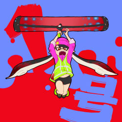 Rule 34 | 1girl, beanie, bike shorts, black hair, brown eyes, callie (splatoon), clothes lift, con (my0312), fangs, hat, holding, inkling, jacket, jumping, long hair, long sleeves, looking at viewer, mole, mole under eye, navel, nintendo, open mouth, paint roller, shirt lift, shoes, sleeves rolled up, sneakers, solo, splatoon (series), splatoon 1, squidbeak splatoon, tentacle hair, wind, wind lift