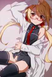 Rule 34 | 1girl, arm up, bare shoulders, black thighhighs, blonde hair, bottomless, bunbun, coat, glasses, lab coat, long hair, lying, necktie, no panties, off shoulder, on back, open clothes, open coat, original, red-framed eyewear, red eyes, red necktie, solo, thighhighs, twintails