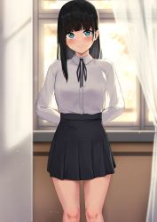 Rule 34 | 1girl, absurdres, anti (0324), arms behind back, black hair, black ribbon, black skirt, blue eyes, blush, closed mouth, commentary, curtains, english commentary, feet out of frame, highres, indoors, long hair, long sleeves, looking at viewer, neck ribbon, original, pleated skirt, ribbon, school uniform, shirt, skirt, smile, solo, standing, white shirt
