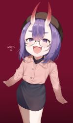 Rule 34 | 1girl, :d, absurdres, bad id, bad pixiv id, beret, blush, bob cut, buttons, collared shirt, eyeliner, fang, fate/grand order, fate (series), glasses, hat, highres, horns, looking at viewer, makeup, miniskirt, office lady, oni, open mouth, purple eyes, purple hair, shirt, short eyebrows, short hair, shuten douji (fate), signature, skin-covered horns, skirt, smile, solo, useq1067