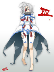 Rule 34 | 1girl, ahoge, arc system works, barefoot, blazblue, blue nails, cape, eyepatch, feet, full body, hand on thigh, kalno, nail polish, nu-13, red eyes, shorts, signature, simple background, solo, standing, white hair
