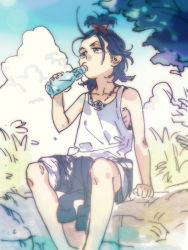 Rule 34 | 10s, 1boy, bad id, bad pixiv id, black hair, blue eyes, child, clenched hand, cloud, drinking, hair tie, icym, jewelry, long hair, looking up, male focus, necklace, nihongou (touken ranbu), ramune, sitting, sky, solo, tank top, touken ranbu, tree, aged down