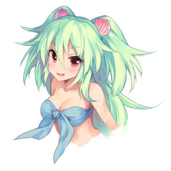 Rule 34 | 1girl, :d, bad id, bad pixiv id, bandeau, bikini, blue bikini, blush, breasts, cleavage, collarbone, cropped torso, from side, front-tie bikini top, front-tie top, green hair, hair between eyes, hair ornament, happy, jewelry, long hair, looking at viewer, medium breasts, mermaid, monster girl, muromi-san, namiuchigiwa no muromi-san, necklace, open mouth, parted bangs, red eyes, seashell, shell, simple background, smile, solo, swimsuit, tousaki umiko, twintails, two side up, upper body, wadatsumi (wdtm), white background