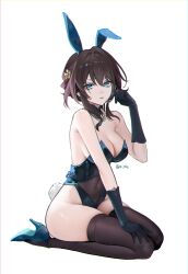 Rule 34 | 1girl, absurdres, animal ears, bare shoulders, black hair, breasts, cleavage, fake animal ears, full body, gloves, high heels, highleg, highleg leotard, highres, honkai: star rail, honkai (series), jewelry, large breasts, leotard, long hair, looking at viewer, medium breasts, necklace, playboy bunny, rabbit ears, rabbit tail, rity, ruan mei (honkai: star rail), simple background, solo, strapless, strapless leotard, tail, white background