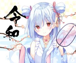 Rule 34 | 1girl, absurdres, bare shoulders, blue hair, blue sleeves, blush, branch, closed mouth, collarbone, detached sleeves, floral print, flower, hair between eyes, hair flower, hair ornament, hands up, head tilt, highres, holding, japanese clothes, kimono, kinokomushi, long sleeves, original, print sleeves, red eyes, red flower, reiwa, sleeveless, sleeveless kimono, sleeves past fingers, sleeves past wrists, smile, solo, two side up, upper body, white kimono