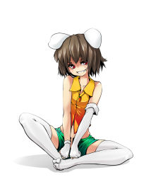 Rule 34 | 1girl, alternate costume, animal ears, brown hair, butterfly sitting, carrot, casual, contemporary, denim, denim shorts, dot r, elbow gloves, feet, feet together, female focus, fingerless gloves, gloves, grin, inaba tewi, indian style, jewelry, midriff, navel, no shoes, pendant, rabbit ears, red eyes, shirt, short hair, shorts, single elbow glove, sitting, smile, solo, thighhighs, toes, touhou, unzipped, white thighhighs