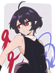 Rule 34 | 1girl, ahoge, asymmetrical wings, black dress, black hair, blue wings, breasts, closed mouth, commentary request, dress, expressionless, houjuu nue, looking afar, looking to the side, outline, pointy ears, red eyes, red wings, shio (futatsumami), short hair, sleeveless, sleeveless dress, small breasts, solo, touhou, upper body, white outline, wings