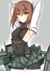 Rule 34 | 10s, 1girl, armpits, arms behind head, arms up, bike shorts, brown hair, headgear, highres, kantai collection, light smile, looking at viewer, microskirt, mizuse kouichi, personification, short hair, skirt, solo, taihou (kancolle), yellow eyes