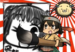 Rule 34 | 10s, 1girl, animalization, asagumo (kancolle), bow, brown hair, commentary, dated, drawing (object), giant brush, hair bow, hamu koutarou, headband, hiryuu (kancolle), japanese clothes, kantai collection, lion, naka (kancolle), one side up, rising sun flag, sun, sunburst, twintails