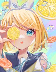 Rule 34 | 1girl, :o, air bubble, aqua eyes, blonde hair, bow, bubble, food, fruit, hair bow, hair ornament, hairclip, highres, holding, holding food, kagamine rin, lemon, lemon slice, looking at viewer, multicolored background, nemudayo, one eye covered, orange (fruit), orange slice, parted lips, sailor collar, short hair, solo, swept bangs, teeth, upper body, upper teeth only, vocaloid, water, water drop, white bow, white hair
