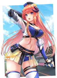 Rule 34 | 1girl, :o, absurdres, arknights, arm up, bagpipe (arknights), bagpipe (queen no. 1) (arknights), bare shoulders, belt, black belt, blue shorts, blue sky, breasts, cleavage, cloud, commentary, cowboy shot, crop top, day, fingerless gloves, gloves, hat, highres, horns, large breasts, long hair, looking at viewer, micro shorts, midriff, nameko houshi, navel, official alternate costume, open mouth, orange hair, outdoors, pouch, purple eyes, shorts, sky, solo, standing, stomach, thighhighs, thighs, very long hair