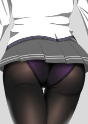 Rule 34 | 1girl, absurdres, arms at sides, ass, ass focus, back, black pantyhose, close-up, commentary request, fine fabric emphasis, from behind, grey shirt, highres, long sleeves, lower body, miniskirt, original, panties, pantyhose, pantyshot, pleated skirt, purple panties, shirt, skirt, solo, standing, star (symbol), star print, thigh gap, thighs, underwear, white shirt