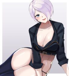 Rule 34 | 1girl, absurdres, angel (kof), black jacket, black panties, blue eyes, breasts, chaps, cleavage, collarbone, crop top, cropped jacket, female focus, hair over one eye, highres, jacket, johwa (1n33dyour1ov3), large breasts, leather, leather jacket, looking at viewer, midriff, open mouth, panties, revealing clothes, short hair, sidelocks, simple background, sitting, smile, snk, solo, teeth, the king of fighters, thick thighs, thighs, tongue, underwear, upper teeth only, white hair, yokozuwari