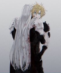 Rule 34 | 2boys, arm armor, armor, belt, black coat, black gloves, blonde hair, blood, blood in hair, blood on clothes, blood on face, blue eyes, cloud strife, coat, commentary, facing away, final fantasy, final fantasy vii, gloves, grey background, grey hair, haagi123, hug, long hair, looking to the side, male focus, multiple boys, parted lips, pauldrons, scared, sephiroth, short hair, shoulder armor, spiked hair, upper body, very long hair, yaoi