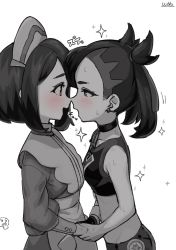 Rule 34 | 2girls, asymmetrical bangs, black choker, blush, breasts, choker, collarbone, commentary, creatures (company), crop top, dress, game freak, gloria (pokemon), greyscale, hair ribbon, hand grab, highres, looking at another, marnie (pokemon), medium hair, monochrome, multiple girls, nintendo, open mouth, pokemon, pokemon swsh, ribbon, short hair, shorts, simple background, small breasts, smile, twintails, u-doku, white background, yuri