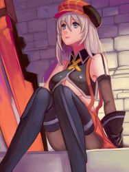 Rule 34 | 10s, 1girl, alisa ilinichina amiella, black pantyhose, blue eyes, boots, breasts, elbow gloves, female focus, fingerless gloves, gloves, god eater, god eater burst, hat, highres, huge weapon, large breasts, long hair, pantyhose, ryuuno6, silver hair, sitting, skirt, solo, thigh boots, thighhighs, underboob, weapon