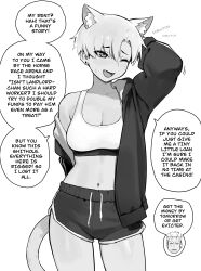 Rule 34 | 1boy, 1girl, absurdres, animal ears, breasts, cat ears, cat girl, cat tail, commentary, earrings, english commentary, english text, fangs, highres, jacket, jewelry, kara (vertigris), large breasts, midriff, monochrome, one eye closed, open clothes, open jacket, open mouth, original, scar, scar across eye, scratching head, short hair, shorts, sports bra, stud earrings, tail, vertigris, white sports bra