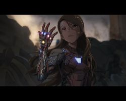 Rule 34 | 10s, 1girl, avengers: endgame, avengers (series), brown eyes, brown hair, cloud, cloudy sky, commentary, cosplay, dirty, dirty face, english commentary, idolmaster, idolmaster (classic), infinity stones, iron man, iron man (cosplay), letterboxed, long hair, marvel, marvel cinematic universe, minase iori, open mouth, outdoors, parody, sky, solo, spoilers, taku1122