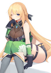 Rule 34 | 1girl, absurdres, bad anatomy, bare shoulders, black gloves, blonde hair, blue eyes, boots, braid, breasts, buran buta, commentary request, french braid, gloves, green hair, green thighhighs, grey footwear, hand on own chin, highres, jewelry, large breasts, leaning, leaning forward, long hair, looking at viewer, necklace, neptune (series), one eye closed, see-through, short shorts, shorts, simple background, sitting, solo, thighhighs, vert (neptunia), white background