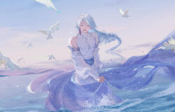 Rule 34 | 1boy, beach, bird, bishounen, blue sky, braid, chinese clothes, closed eyes, day, detached sleeves, hanfu, holding, holding clothes, long sleeves, lynganbuonngu, male focus, ocean, open mouth, original, parted bangs, satin, seagull, single braid, sky, solo, wading, water, waves, white hair