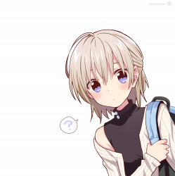Rule 34 | 1girl, ?, aged up, ahoge, artist logo, backpack, bag, blue bag, blue eyes, blush, cardigan, chiba sadoru, closed mouth, dot mouth, dot nose, expressionless, gakkou gurashi!, hair behind ear, hair between eyes, half updo, hand up, holding strap, long sleeves, looking at viewer, naoki miki, off shoulder, official art, open cardigan, open clothes, peeking out, platinum blonde hair, shiny skin, short hair, single bare shoulder, sleeveless, sleeveless turtleneck, solo, speech bubble, spoilers, spoken question mark, turtleneck, twitter username, upper body, white background, white cardigan