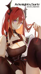 Rule 34 | 1girl, arknights, armlet, artist name, bare shoulders, belt, black dress, black jacket, black thighhighs, breasts, character name, cleavage, collarbone, copyright name, dress, highres, horns, infection monitor (arknights), jacket, knee up, large breasts, long hair, looking at viewer, nail polish, open clothes, open jacket, parted lips, purple eyes, red hair, red nails, simple background, sitting, surtr (arknights), thighhighs, thighs, very long hair, white background, xuechu