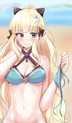 Rule 34 | 1girl, blonde hair, blue eyes, blush, breasts, hair ornament, highres, medium breasts, ponytail, princess connect!, rere:, saren (princess connect!), solo, swimsuit