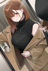 1girl absurdres black_sweater blazer blush breasts brown_hair brown_jacket commentary_request dressing earrings highres indoors jacket jewelry large_breasts looking_at_mirror mirror mole mole_on_armpit mole_under_eye necklace ol-chan_(udon) original plant potted_plant reflection ribbed_sweater sleeveless sleeveless_sweater smile sweater udon_(udonalium) wooden_floor