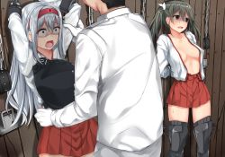 Rule 34 | 1boy, 2girls, admiral (kancolle), against wall, areola slip, arm grab, arms behind back, arms up, bdsm, black footwear, black hair, bondage, boots, bound, bound arms, breasts, breasts apart, brown eyes, chain, clothes pull, collarbone, commentary request, cowboy shot, crying, crying with eyes open, cuffs, cum, cumdrip, drooling, gloves, green eyes, green hair, hair ribbon, hairband, head out of frame, highres, jack dempa, japanese clothes, kantai collection, kimono, long hair, long sleeves, medium breasts, military, military uniform, multiple girls, muneate, naval uniform, no bra, open clothes, open kimono, open mouth, pleated skirt, red hairband, red skirt, restrained, ribbon, saliva, scared, shackles, shaded face, shoukaku (kancolle), silver hair, skirt, standing, tareme, tears, thigh boots, thighhighs, two side up, uniform, waist grab, white gloves, white kimono, white ribbon, wooden wall, zettai ryouiki, zuikaku (kancolle)