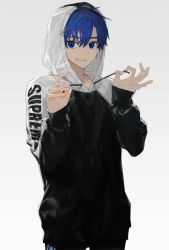 1boy bad_id bad_twitter_id black_hoodie black_pants blue_eyes blue_hair earrings grey_background grin hair_between_eyes hirota_tsuu hood hood_up hoodie jewelry long_sleeves looking_at_viewer male_focus original pants sharp_teeth simple_background smile solo standing teeth