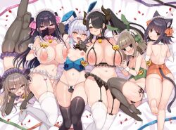 Rule 34 | 3boys, 3girls, animal ears, arato asato, beat mario (vtuber), bell, black hair, black thighhighs, blue hair, breasts, brown hair, covered penis, covered testicles, cross, fake animal ears, glasses, green eyes, hijirime laeria, horns, indie virtual youtuber, inuyama tamaki, itou life (vtuber), kanikama (character), large breasts, leotard, liloshi (vtuber), looking at viewer, lying, mask, mouth mask, multiple boys, multiple girls, navel, neck bell, nipples, noripro, on back, on stomach, open mouth, orange leotard, petals, ponytail, purple eyes, rabbit ears, skindentation, small penis, thighhighs, tongue, tongue out, trap, virtual youtuber, white thighhighs, yellow eyes