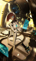 Rule 34 | 1girl, absurdres, animal, black cat, bodysuit, breasts, brown hair, cable, cat, commentary, eyelashes, full body, gloves, green eyes, headwear request, highres, holographic interface, holographic monitor, l x-x, legs apart, mecha, medium breasts, mouth hold, original, parted lips, pilot suit, pink lips, robot, science fiction, short hair, smile, solo, standing, turtleneck, visor, white bodysuit, wrench