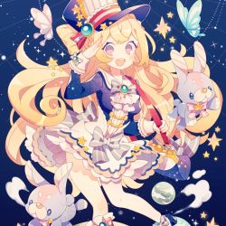 Rule 34 | 1girl, :d, bad id, bad pixiv id, bag, blonde hair, blue background, blue hat, blush, bow, breasts, bug, butterfly, constellation, frills, grey bow, handbag, hat, hat ribbon, insect, md5 mismatch, open mouth, original, planet, purple eyes, rabbit, resolution mismatch, ribbon, salute, sample watermark, skirt, small breasts, smile, standing, star (symbol), striped, striped ribbon, uekura eku, watermark, white skirt