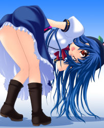 Rule 34 | 1girl, ass, bent over, boots, female focus, gradient background, hinanawi tenshi, legs, long hair, saki chisuzu, solo, standing, touhou, white background