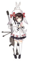Rule 34 | absurdres, alternate hairstyle, animal, animal on head, anti-materiel rifle, black hair, bloomers, closed mouth, commentary request, full body, girls&#039; frontline, guanlingzhi (crazy6), gun, hat, highres, looking at viewer, m99 (girls&#039; frontline), medium hair, official alternate costume, on head, rabbit, red eyes, ribbon, rifle, simple background, sniper rifle, standing, thighhighs, underwear, weapon, white background, zijiang m99